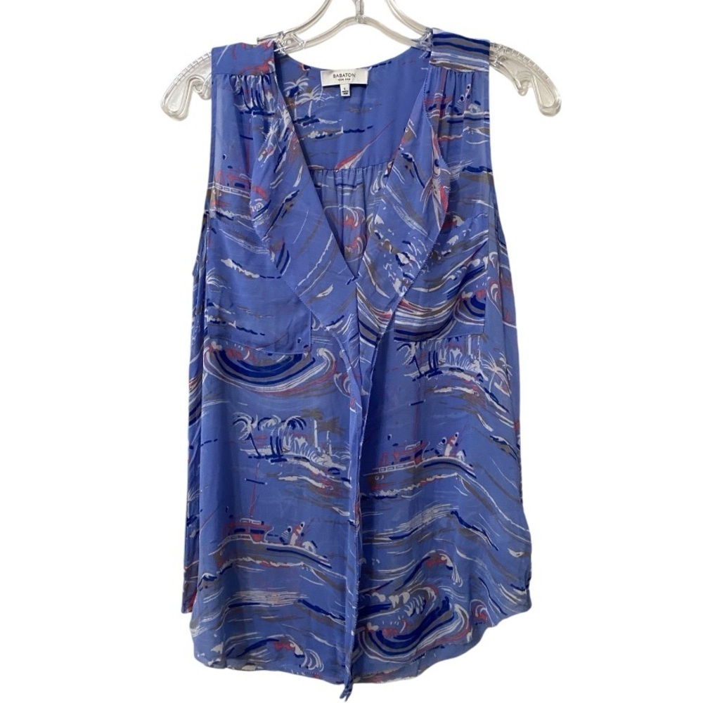 Aritzia Babaton Silk Blue Tropical Fish Print Sleeveless V Neck Blouse